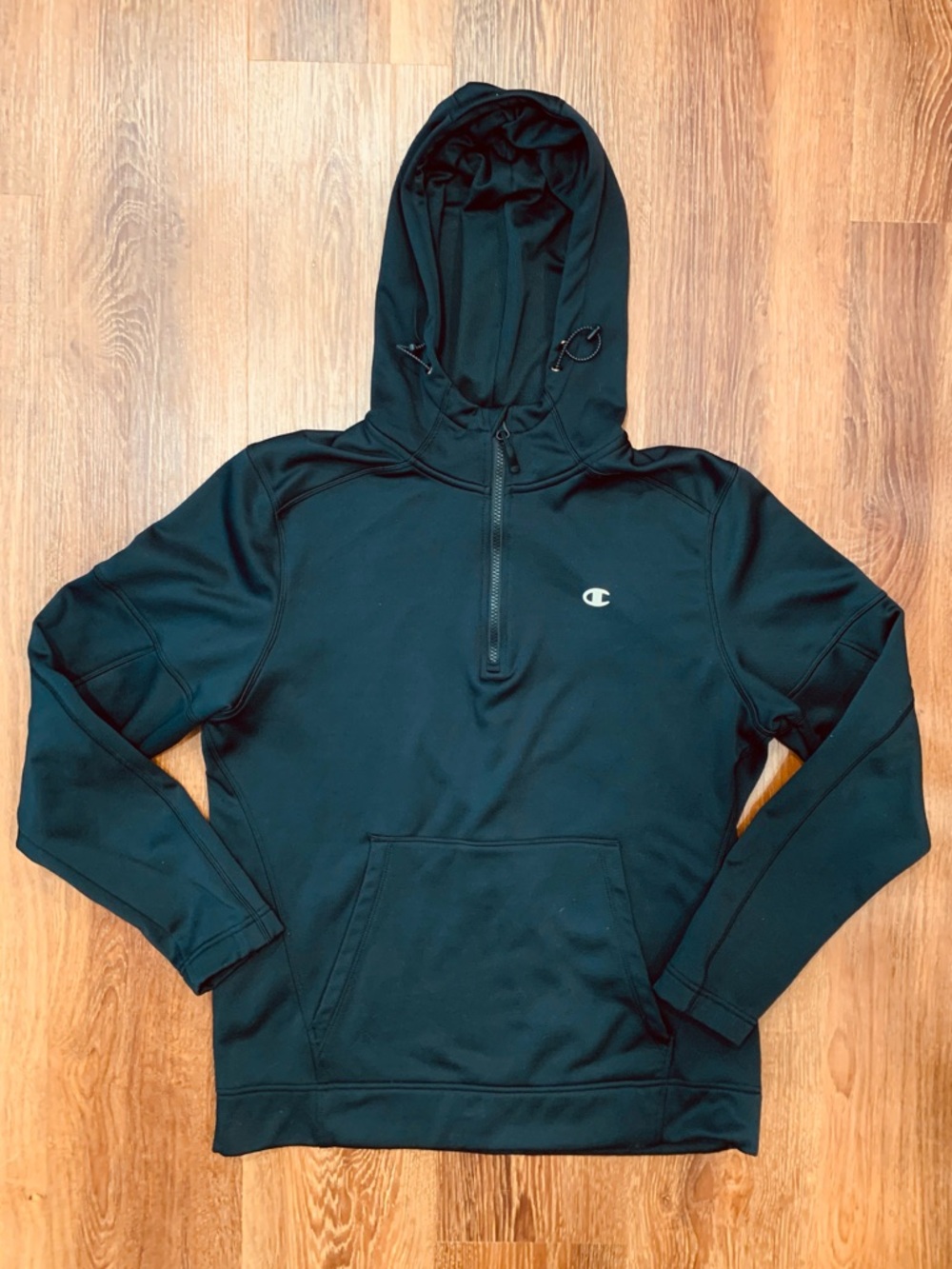 Champion Black Pullover Hoodie Men’s Large EUC Quarter Zip Kangaroo Pocket - Picture 1 of 11